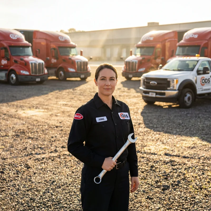 Mobile diesel mechanic in yellow vest inspecting engine and writing on clipboard for DOT inspection Central Florida